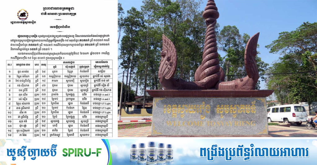 រដ្ឋបាលខេត្តស្វាយរៀង បង្ហាញអត្តសញ្ញាណ និងប្រវត្តិធ្វើដំណើររបស់អ្នកជំងឺកូវីដ ចំនួន៥០នាក់ ដែលទើបរកឃើញថ្មី