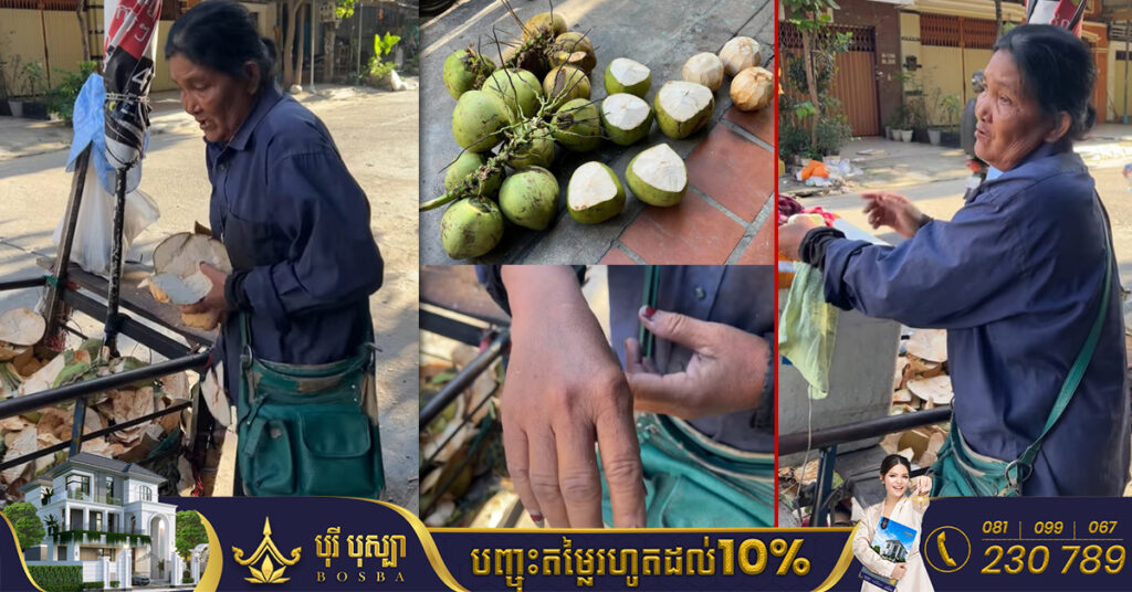 កូនៗមានប្តី​​ប្រពន្ធ​អស់​ សល់២នាក់តាយាយចិញ្ចឹមគ្នា​! លោកយាយត្រូវដើរអូសរទេះដូង លក់ទាំងដៃប្រេះឆ្អឹង ដើម្បីបានលុយមើលថែលោកតាដែលដេកឈឺនៅផ្ទះ