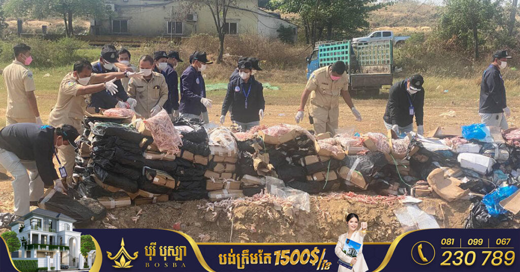 ម្ហូបអាហារខូចគុណភាពជាង៨តោន ត្រូវបានមន្ត្រីជំនាញធ្វើការដុតកម្ទេចចោល នៅទីលានចាក់សំរាមដង្កោ