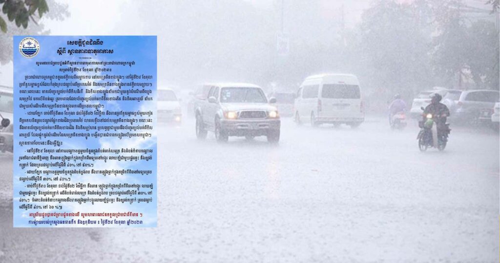 ក្រសួងធនធានទឹក ជូនដំណឹងពីស្ថានភាពធាតុអាកាសនៅកម្ពុជា សម្រាប់ថ្ងៃទី២៩ ខែតុលា ឆ្នាំ២០២៣ ដែលអាចនឹងមានភ្លៀងធ្លាក់ក្នុងកម្រិតពីមធ្យមទៅបង្គួរ