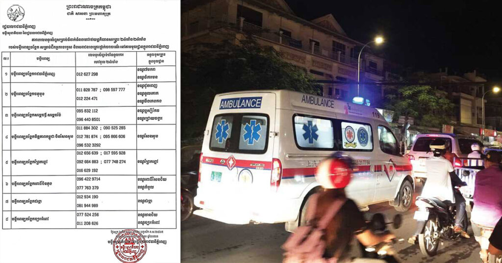 មន្ទីរសុខាភិបាលរាជធានីភ្នំពេញ បង្ហាញលេខទូរស័ព្ទសម្រាប់ហៅរថយន្ដសង្គ្រោះបន្ទាន់ ២៤ម៉ោងលើ២៤ម៉ោង