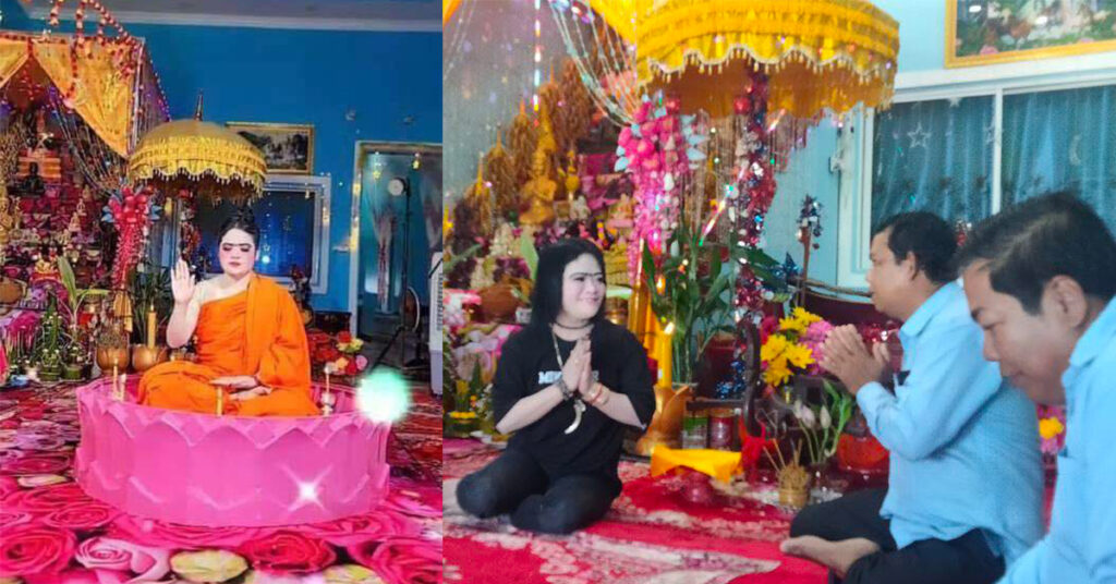 ស្រ្តីគ្រូទាយ និងព្យាបាលជំងឺម្នាក់នៅខេត្តក្រចេះ ដែលយកស្បង់ចីវររបស់ព្រះសង្ឃ មកស្លៀកអង្គុយក្នុងចានផ្កាឈូកធ្វើដូចព្រះ ថតបង្ហោះក្នុងបណ្ដាញសង្គម ត្រូវបានអាជ្ញាធរឲ្យបញ្ឈប់សកម្មភាព