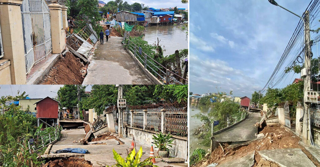 ផ្លូវបេតុង១ខ្សែ នៅភូមិព្រែកតាពៅ ក្រុងតាខ្មៅ បាក់ស្រុតដោយសារទឹកហូរច្រោះ បណ្តាលឱ្យប៉ះពាល់ដល់អ្នកភូមិជាច្រើនគ្រួសារ