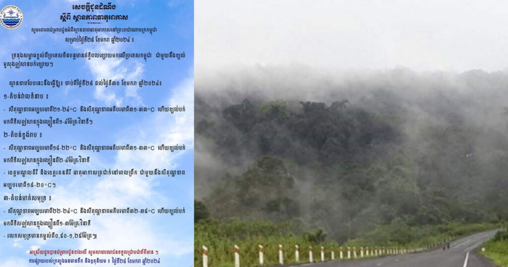 ក្រសួងធនធានទឹក ជូនដំណឹងពីស្ថានភាពធាតុអាកាសនៅកម្ពុជា សម្រាប់ថ្ងៃទី២៨ ខែមករា ឆ្នាំ២០២៤