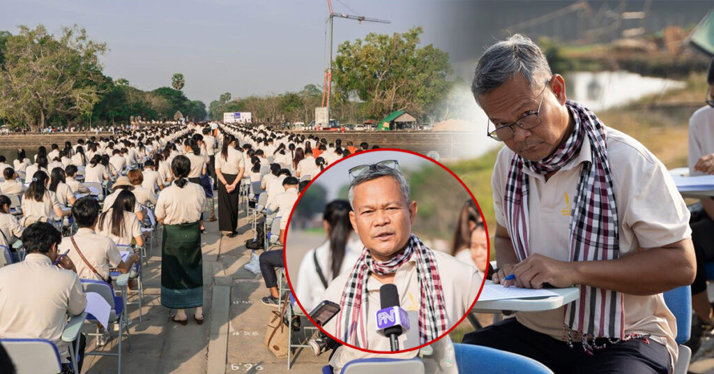 ទោះឈឺជើងយូរថ្ងៃ តែលោក ប៊ូ សារឿន ប្រឹងកាន់ឈើច្រត់មកប្រកួតសរសេរតាមអានក្នុងកម្មវិធីសំណេរអង្គរ និងចង់ឱ្យមានកម្មវិធីរបៀបនេះរាល់ឆ្នាំ