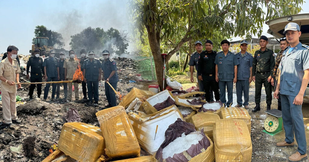 សមត្ថកិច្ចជំនាញ ដុតកម្ទេចចោលបំណែកសាច់ និងសាច់ប្រហិតជិត ១ម៉ឺនគីឡូក្រាម នាំចូលដោយខុសច្បាប់