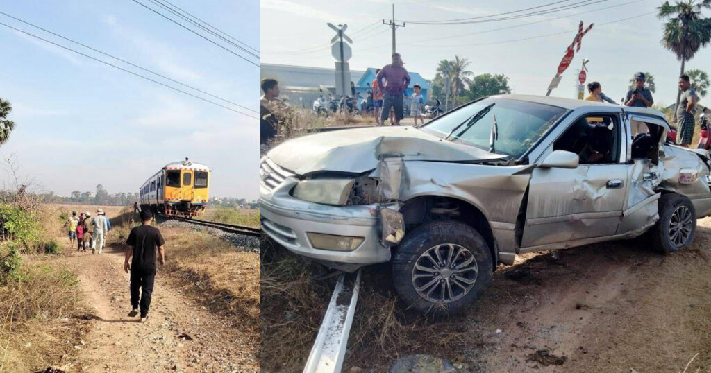 ពេលបើកបរដល់ផ្លូវរថភ្លើង សូមប្រុងប្រយ័ត្ន! រថភ្លើងបុករថយន្តនៅសង្កាត់ស្នោរ ខណ្ឌកំបូល សំណាងមិនមានមនុស្សគ្រោះថ្នាក់