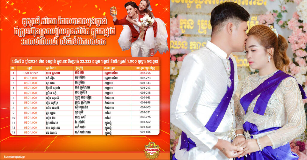 អបអរសាទរ គូស្វាមី ភរិយាថ្មី ឈ្នះរង្វាន់ទឹកប្រាក់សុទ្ធចំនួន ២២,២២២ ដុល្លារ វគ្គទី២ ក្នុងកម្មពិធីអាពាហ៍ពិពាហ៍រង្វាន់យក្សពី GANZBERG