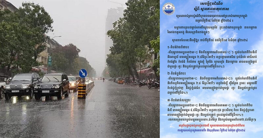 ក្រសួងធនធានទឹក ជូនដំណឹងអំពីស្ថានភាពធាតុអាកាសនៅកម្ពុជា សម្រាប់ថ្ងៃទី១៥ ខែមិថុនា ឆ្នាំ២០២៤