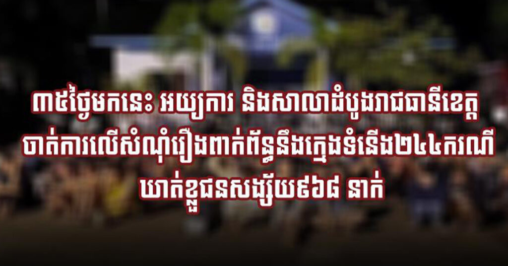 ៣៥ថ្ងៃមកនេះ អយ្យការ និងសាលាដំបូងរាជធានីខេត្ត ចាត់ការលើសំណុំរឿងពាក់ព័ន្ធនឹងក្មេងទំនើង២៤៤ករណី ឃាត់ខ្លួ​ជនសង្ស័យ៩៦៨ នាក់