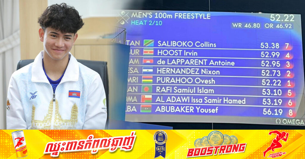 Paris2024៖ អត្តពលិកហែលទឹកកម្ពុជា កីឡាករ អង់ត្វ័ន ហែលក្នុងវិញ្ញាសា ១០០ម៉ែត្រ ធ្វើបានថេរៈវេលា ៥២.៩៥វិនាទី តែមិនអាចបន្តទៅវគ្គពាក់កណ្តាលផ្តាច់ព្រ័ត្រនោះទេ