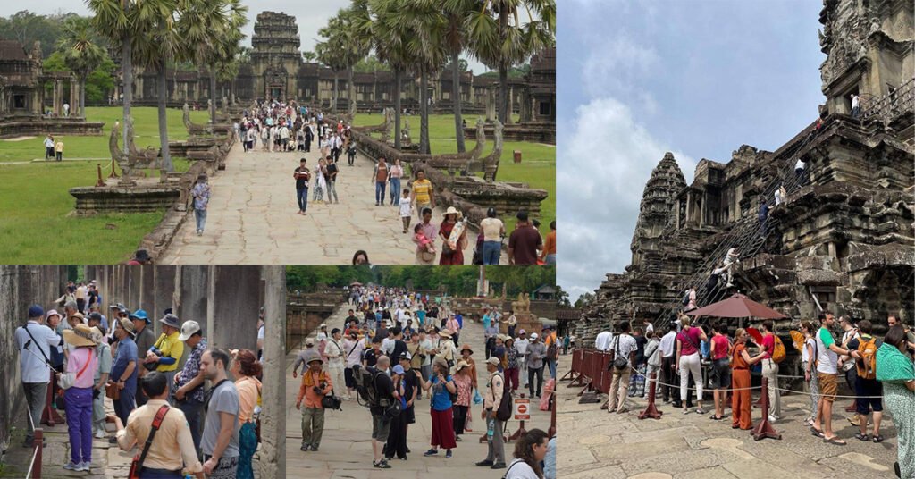 ភ្ញៀវទេសចរចម្រុះជាតិសាសន៍ជាហូរហែ ចូលទស្សនាប្រាសាទអង្គរវត្តដ៏អច្ឆរិយៈរបស់កម្ពុជា