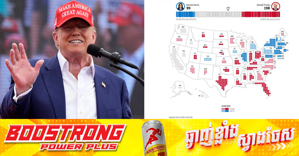 BREAKING: លោក ដូណាល់ ត្រាំ បន្តនាំមុខលោកស្រី កាម៉ាឡា ហារីស ដោយទទួលបានអង្គបោះឆ្នោត ១៩៨ ទល់នឹង៩៩