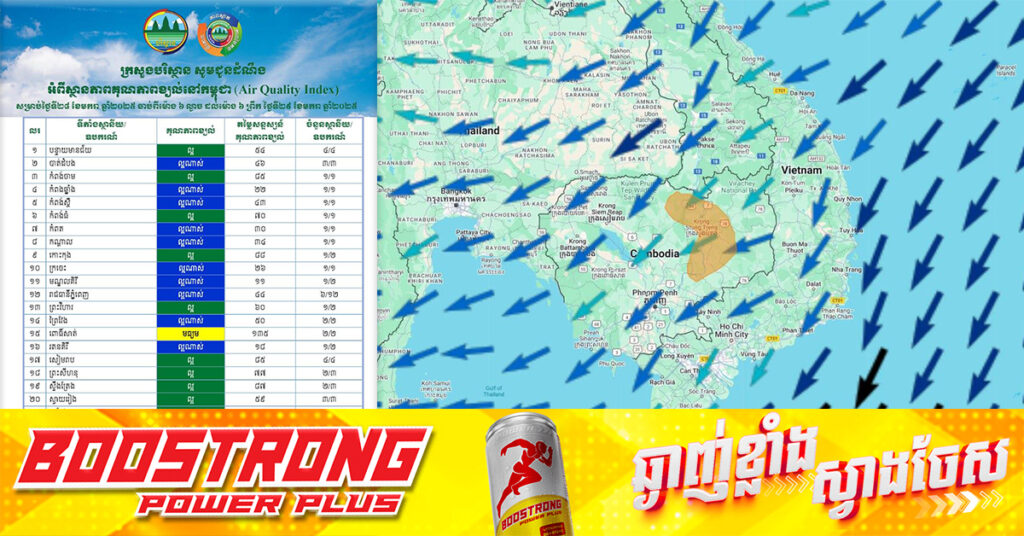 ក្រសួងបរិស្ថាន៖ គិតចាប់ពីម៉ោង ៦ល្ងាចថ្ងៃទី២៨ ខែមករាដល់ម៉ោង៦ព្រឹក ថ្ងៃទី២៩ ខែមករានេះ គុណភាពខ្យល់ គឺ«ល្អ»