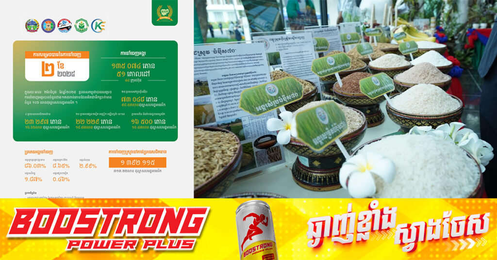 កម្ពុជានាំចេញអង្ករជាង ១៣ម៉ឺនតោន និងនាំចេញស្រូវ ១.៣៩លានតោន បានចំណូលជាង ៤០០លានដុល្លារ នៅ ២ខែដំបូងឆ្នាំនេះ