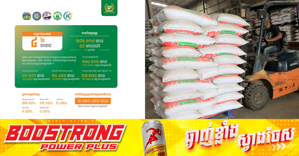 កម្ពុជានាំចេញអង្ករជិត ៣០ម៉ឺនតោន និងនាំចេញស្រូវ ៣លានតោន ទទួលបានចំណូលជាង ៩០០លានដុល្លារ ក្នុងរយៈ ៤ខែដើមឆ្នាំនេះ​